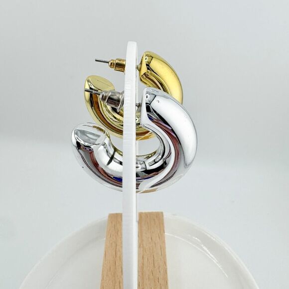 Vintage Puffy Mixed Metal Hoop Earrings Bold Statement Spherical Retro Glam - Picture 2 of 9